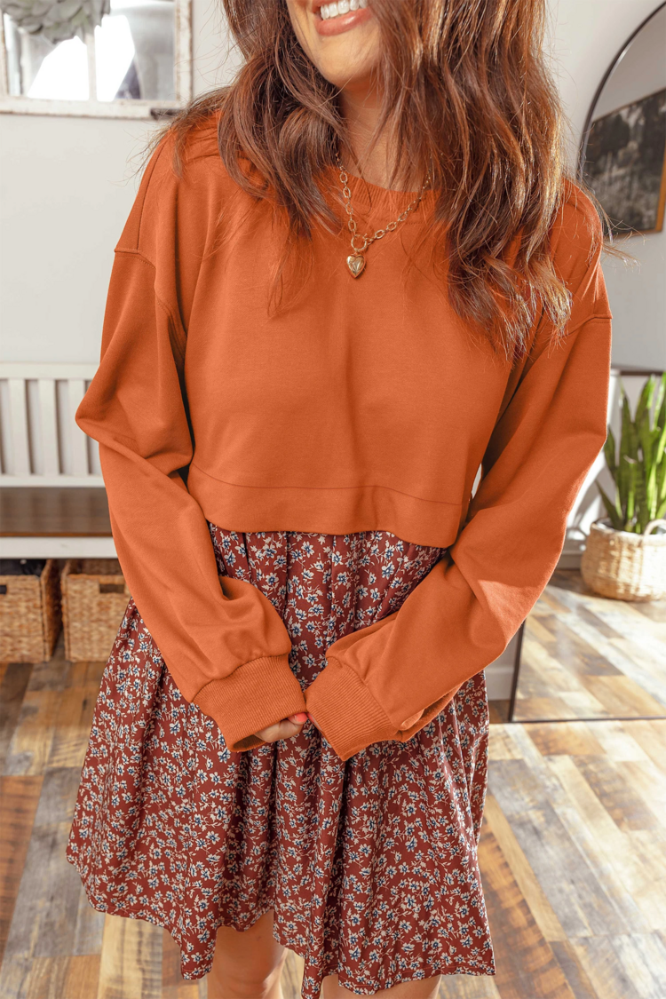 Solid Long Sleeve Top Patchwork Floral Flared 2-in-1 Mini Dress