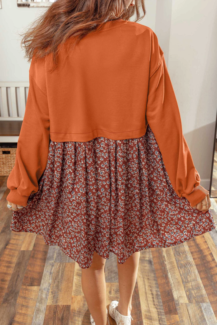 Solid Long Sleeve Top Patchwork Floral Flared 2-in-1 Mini Dress