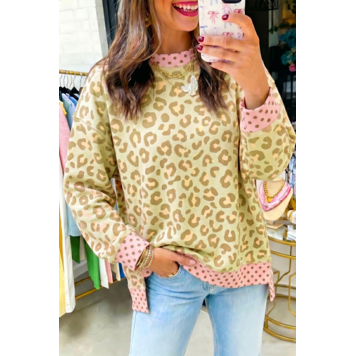 Leopard Polka Dot Colorblock Trim Long Sleeve Top