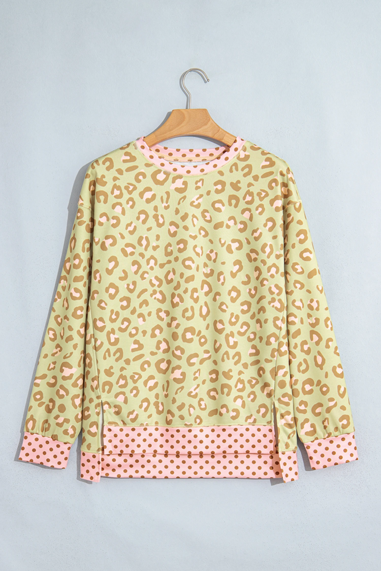Leopard Polka Dot Colorblock Trim Long Sleeve Top