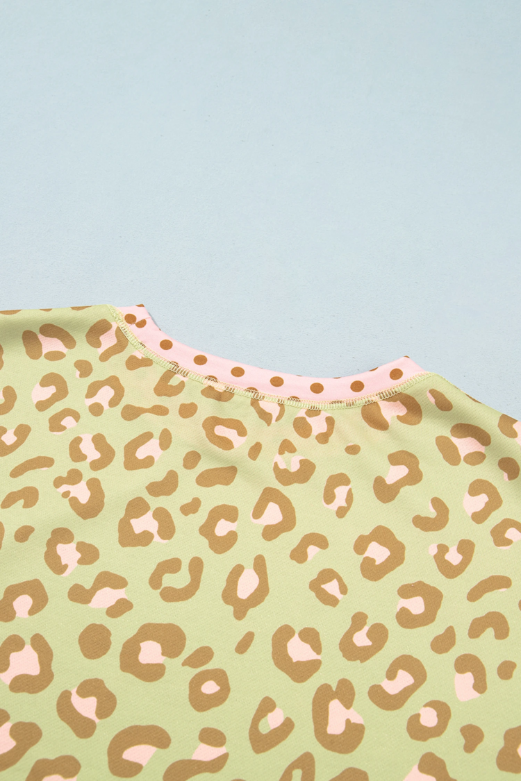 Leopard Polka Dot Colorblock Trim Long Sleeve Top