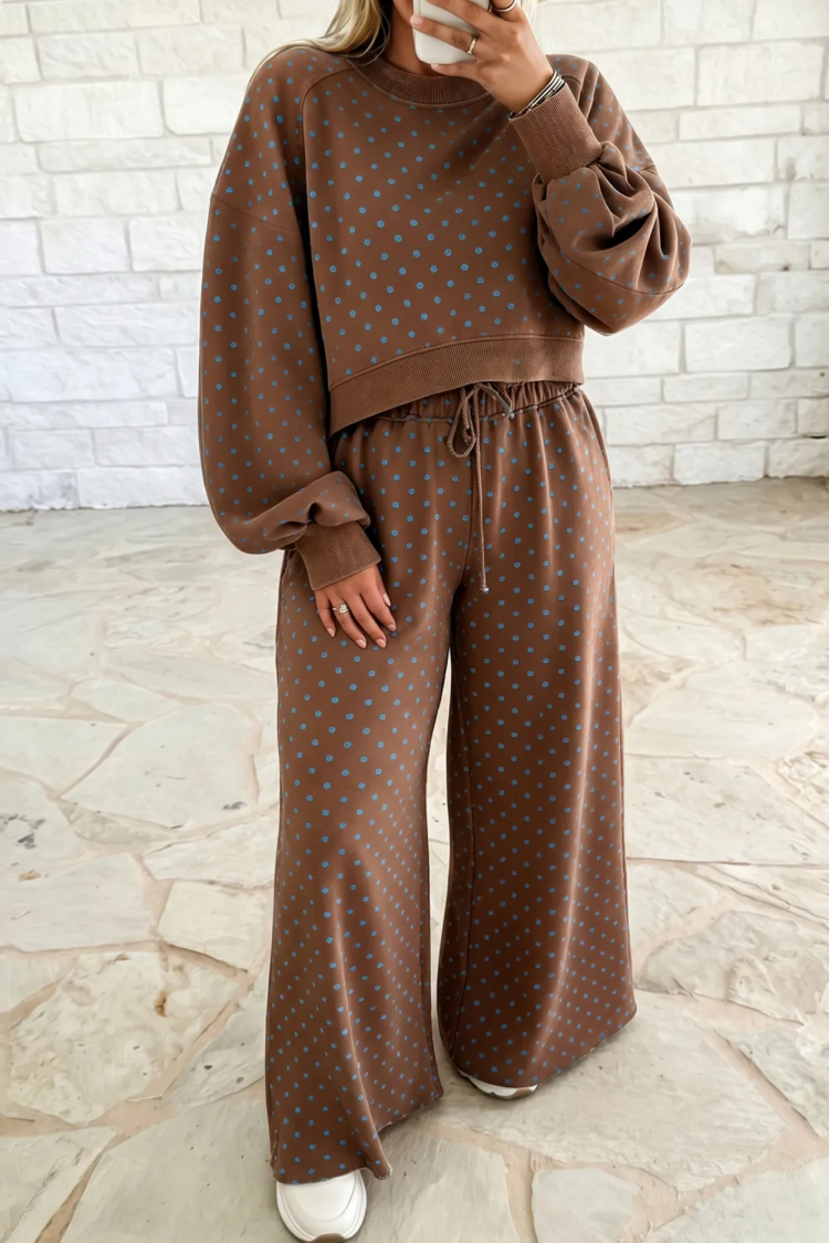 Polka Dot Round Neck Long Sleeve Plus Size Set