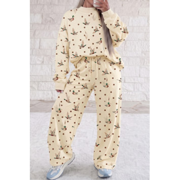 Polka Dot Mallard Print Crewneck Pullover Two Piece Pants Set