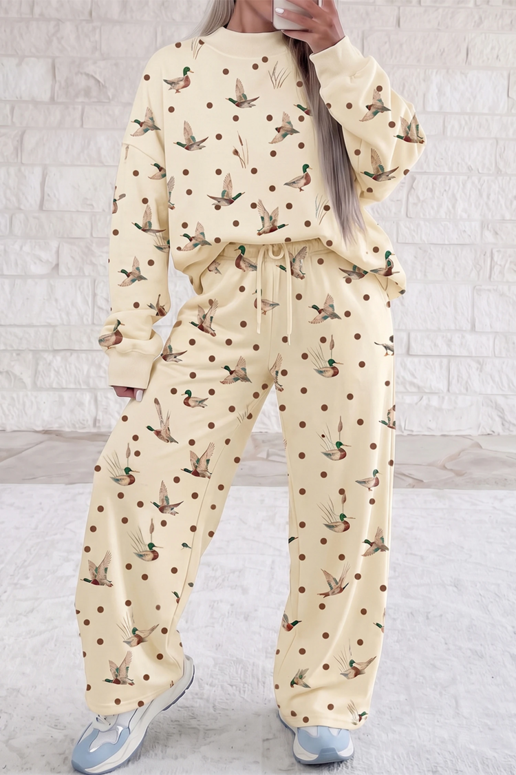 Polka Dot Mallard Print Crewneck Pullover Two Piece Pants Set