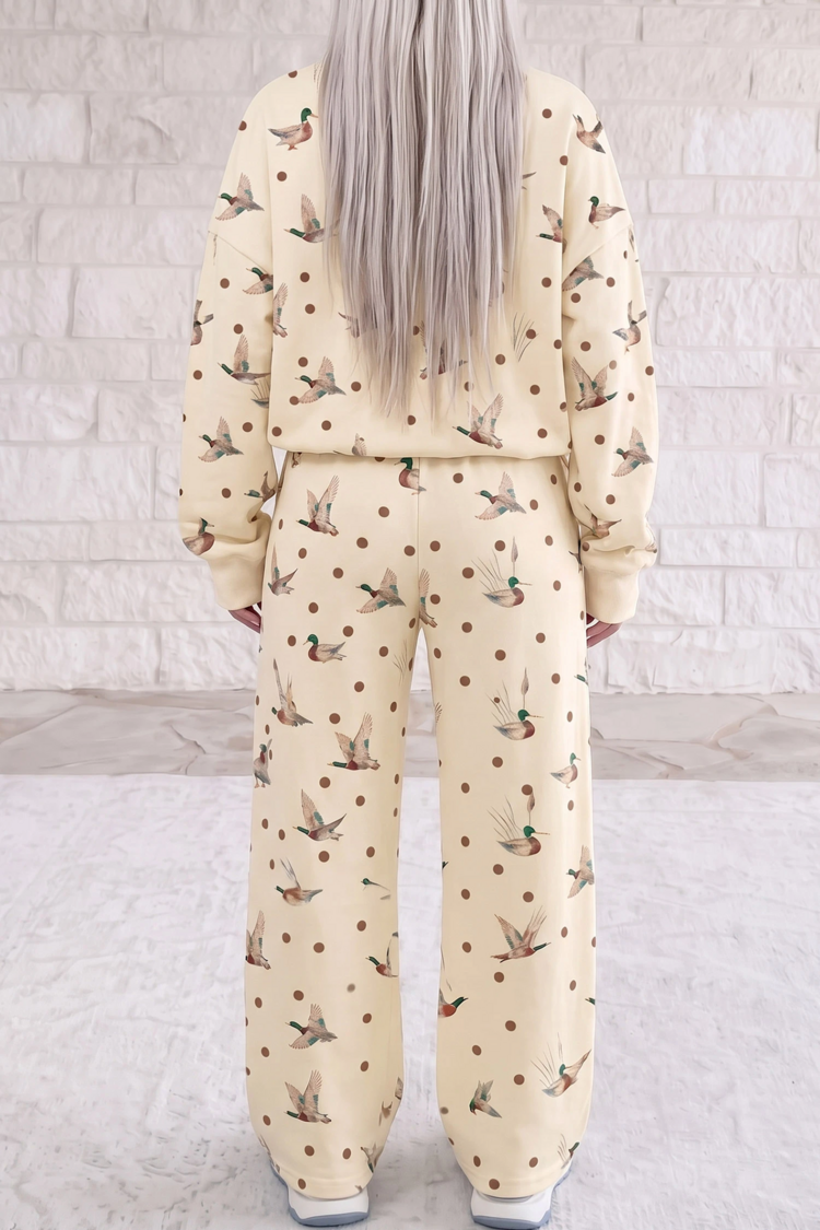 Polka Dot Mallard Print Crewneck Pullover Two Piece Pants Set
