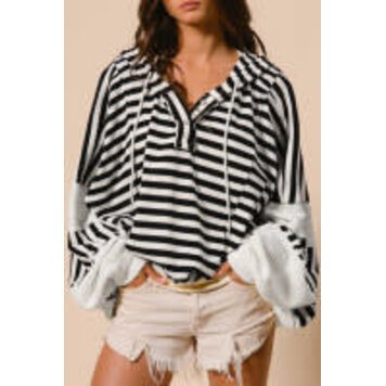 Black white Oversized Striped Henley Buttons Dolman Sleeve Hooded Top