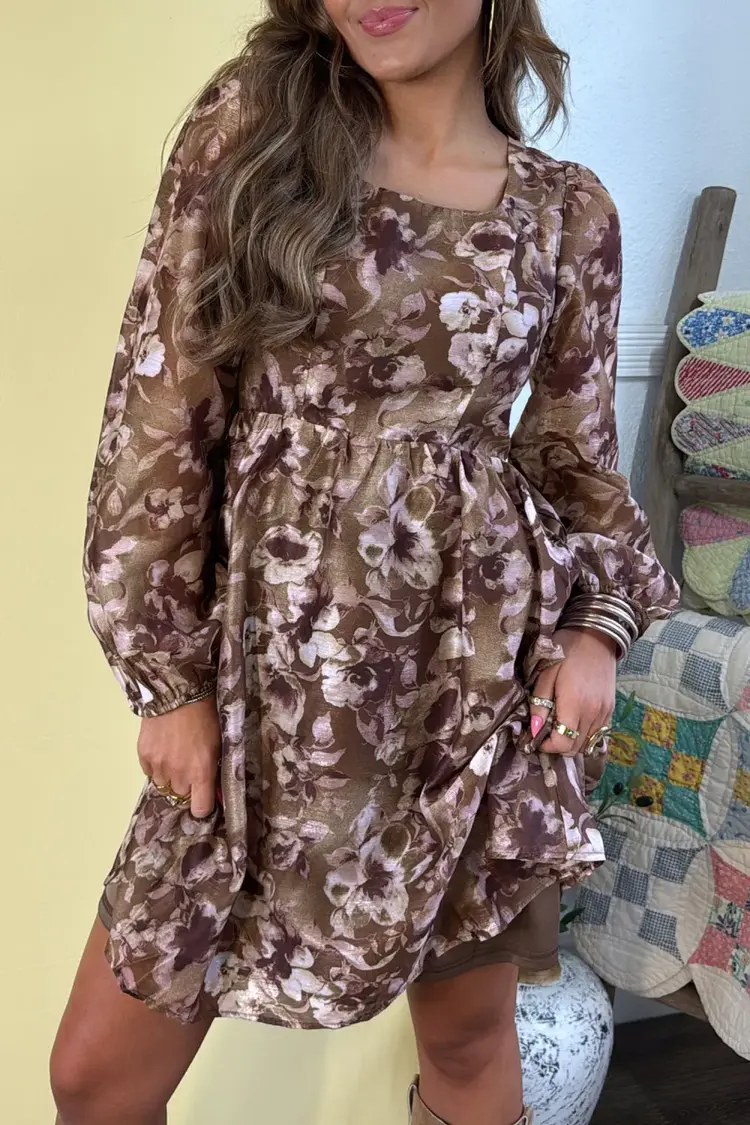 Abstract Floral Print Square Neck Long Sleeve Mini Shift Dress