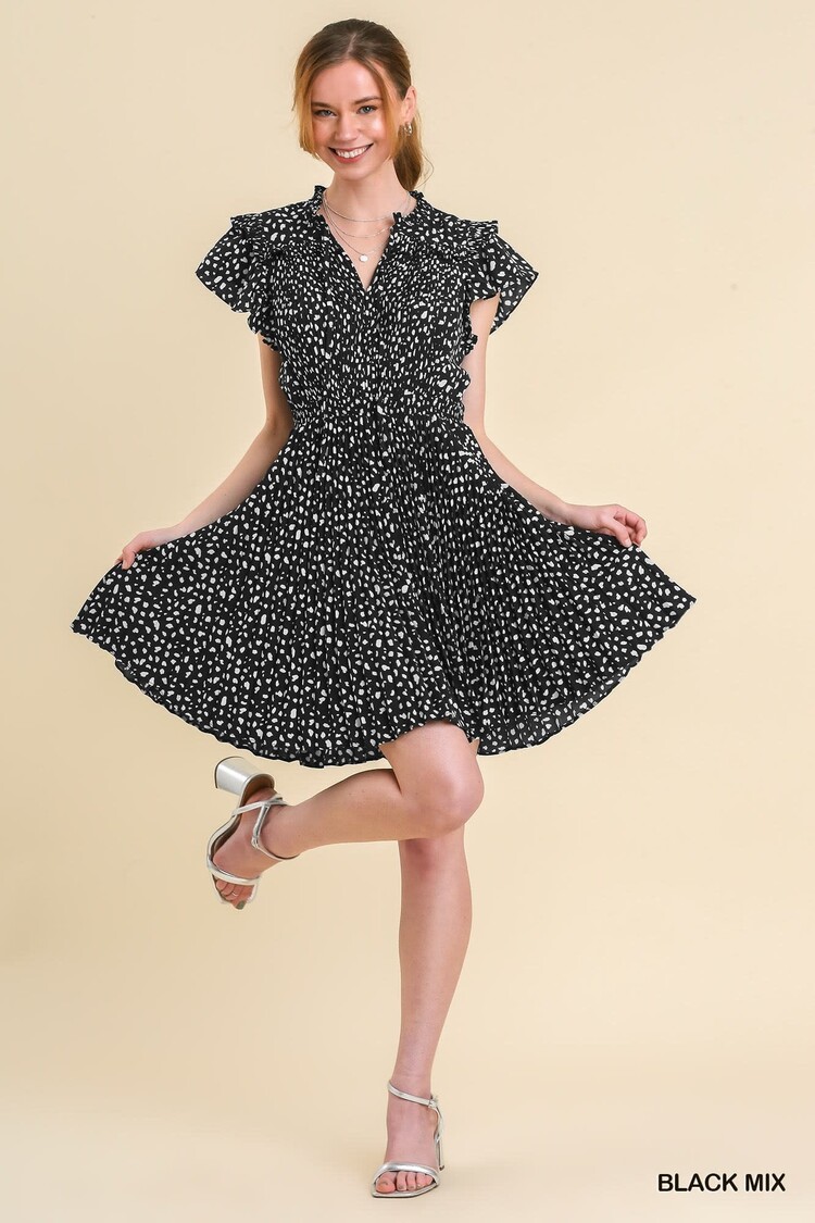 Umgee Dalmatian Print Dress with Flutter Sleeves Front Neck Tie and Pleated Skirt