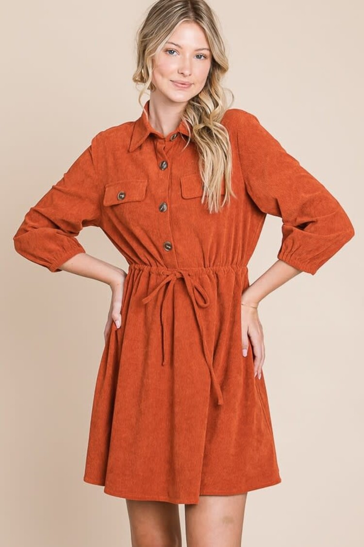 Corduroy 3/4 Sleeve Woven Mini Dress With Waist Tie Detail Rust L