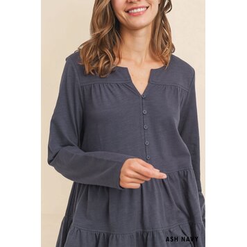 Washed Cotton Slub Button Down Front Tiered Top Ash Navy M