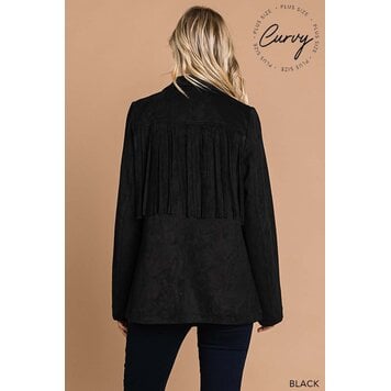 Faux Suede Tailor Jacket With Fringe Details Black 2XL