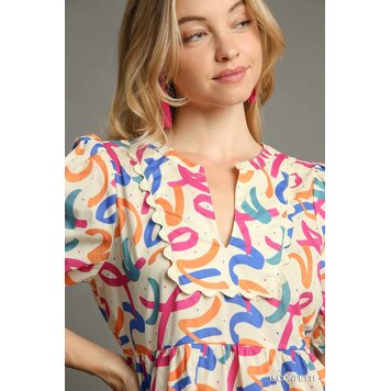 Umgee Mixed Print Ruffle Babydoll Top B-confetti M