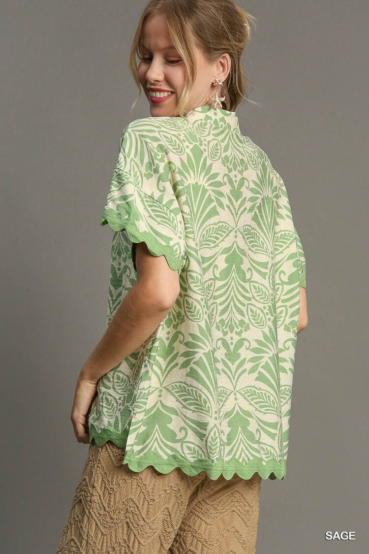 Umgee Two Tone Button Down Shirt Sage L