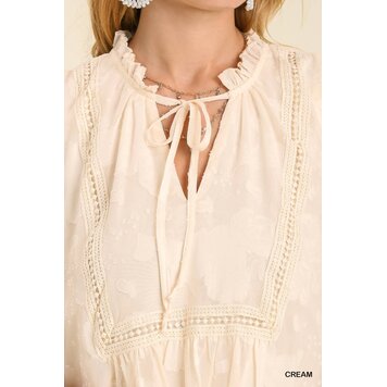Umgee Sleeveless Shift Dress with Front Tie Detail and Ruffle Trim Around Neckline Cream M
