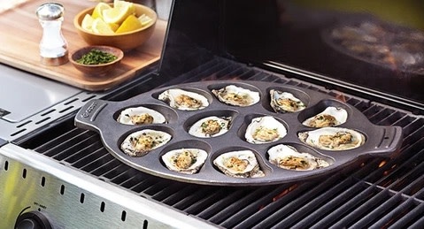 NEW Outset Black Cast Iron Non-Stick Oyster Grill Pan 12 Cavities Grill  76225