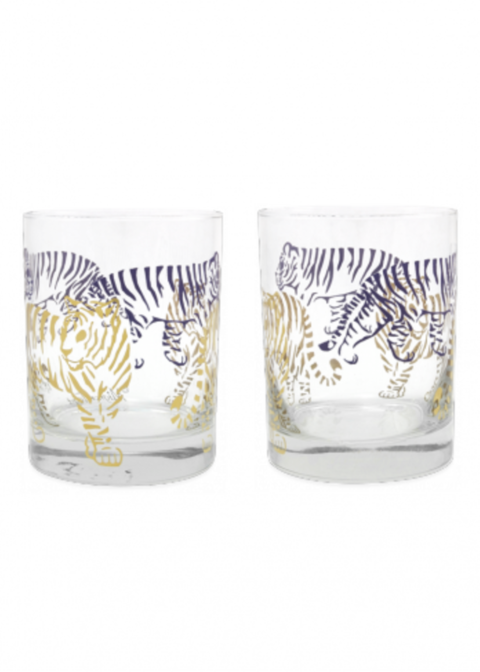 Mignon Faget Tiger Purple and Gold Double Old Fashioned Glasses s/4