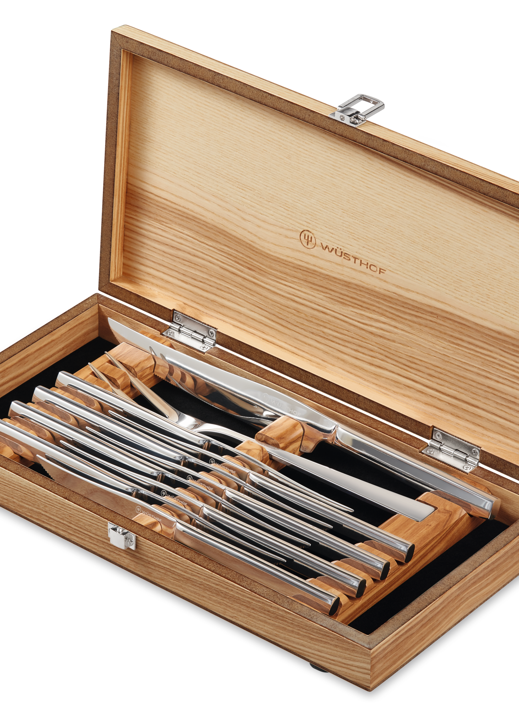 Wusthof 10pc Stainless Steak Knife & Carving Set, Olivewood Chest