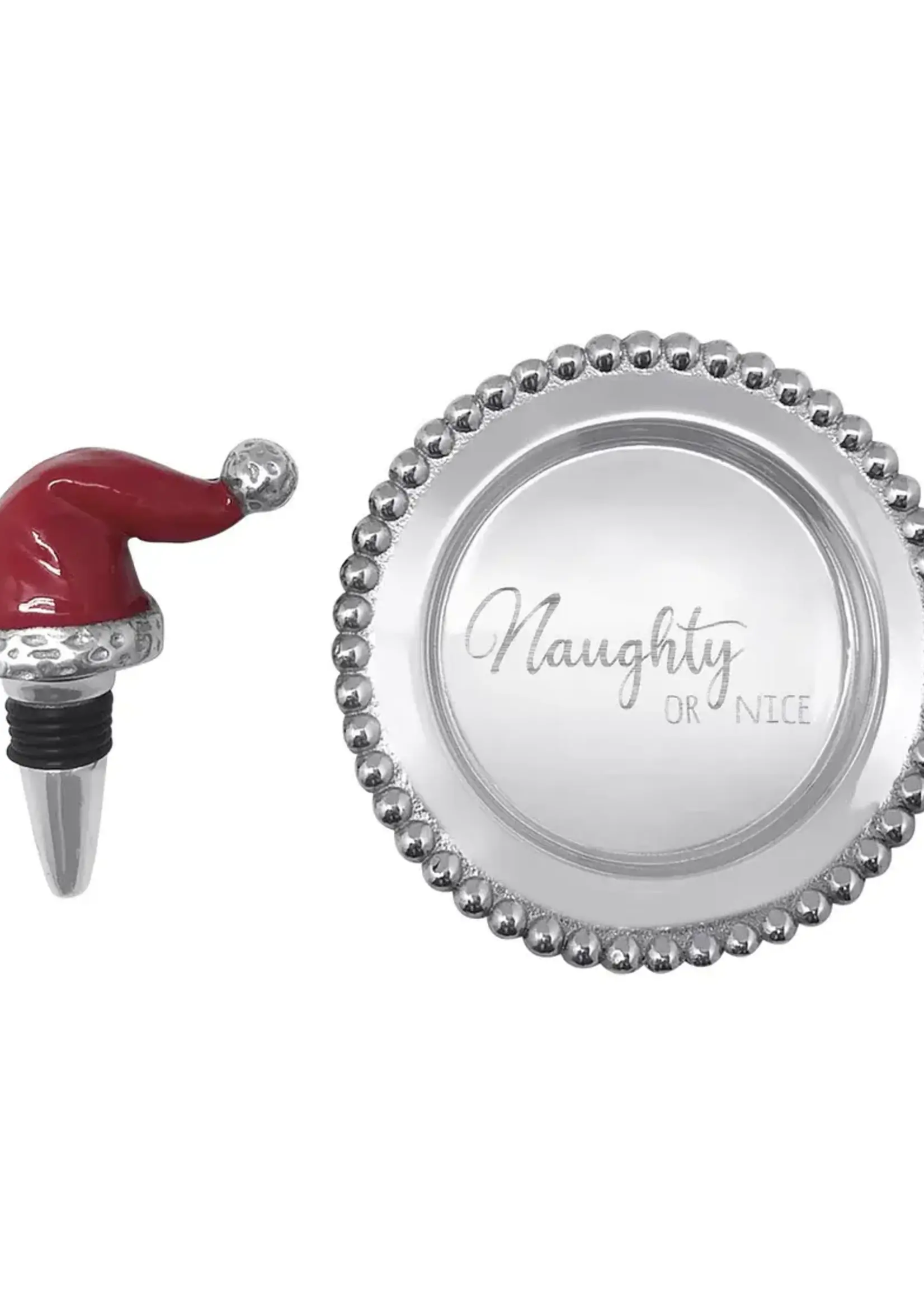 Mariposa Red Santa Hat Bottle Stopper & "Naughty or Nice" Beaded Wine Plate Set