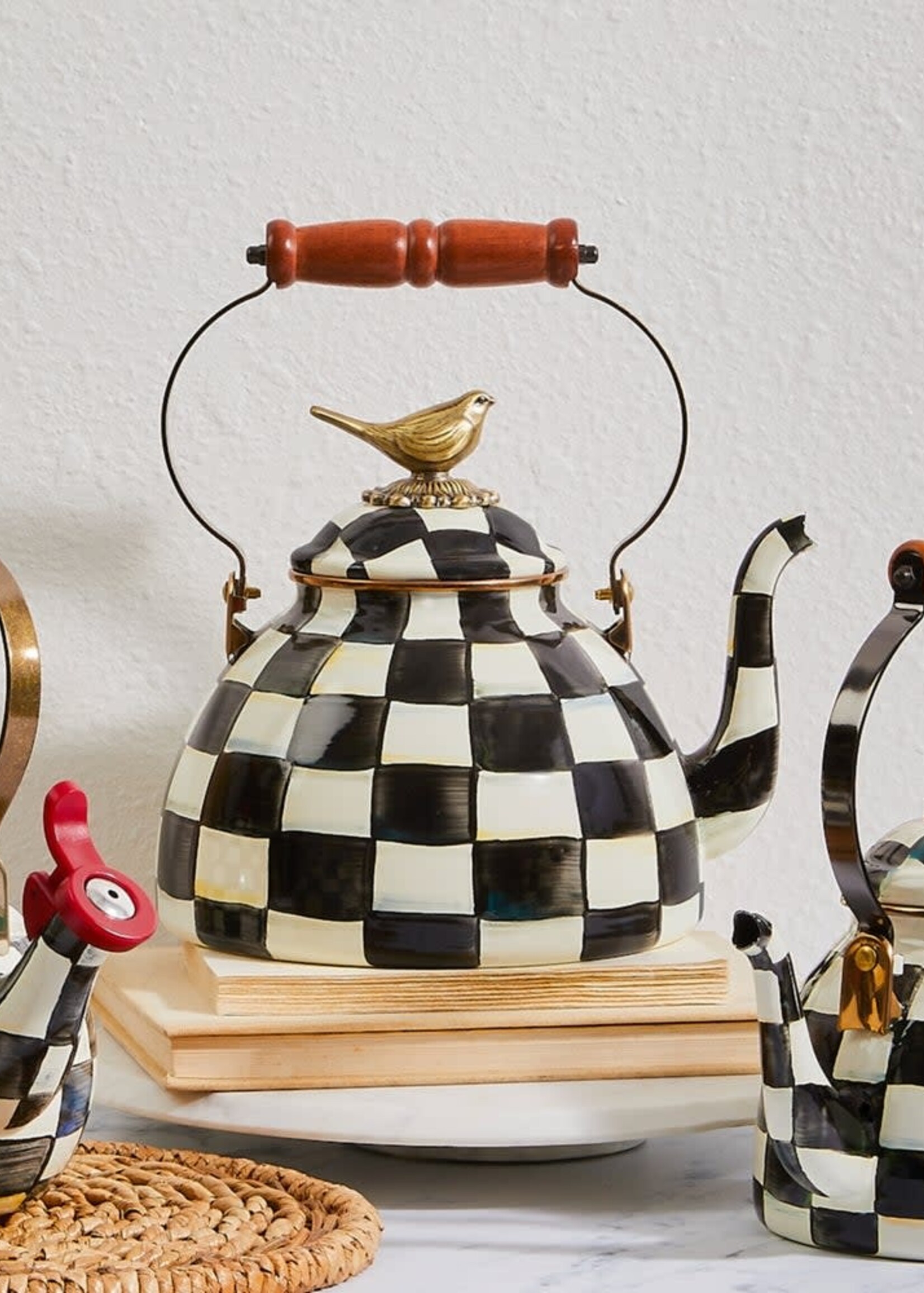 MacKenzie + Childs Courtly Check 3 Quart Tea Kettle with Bird