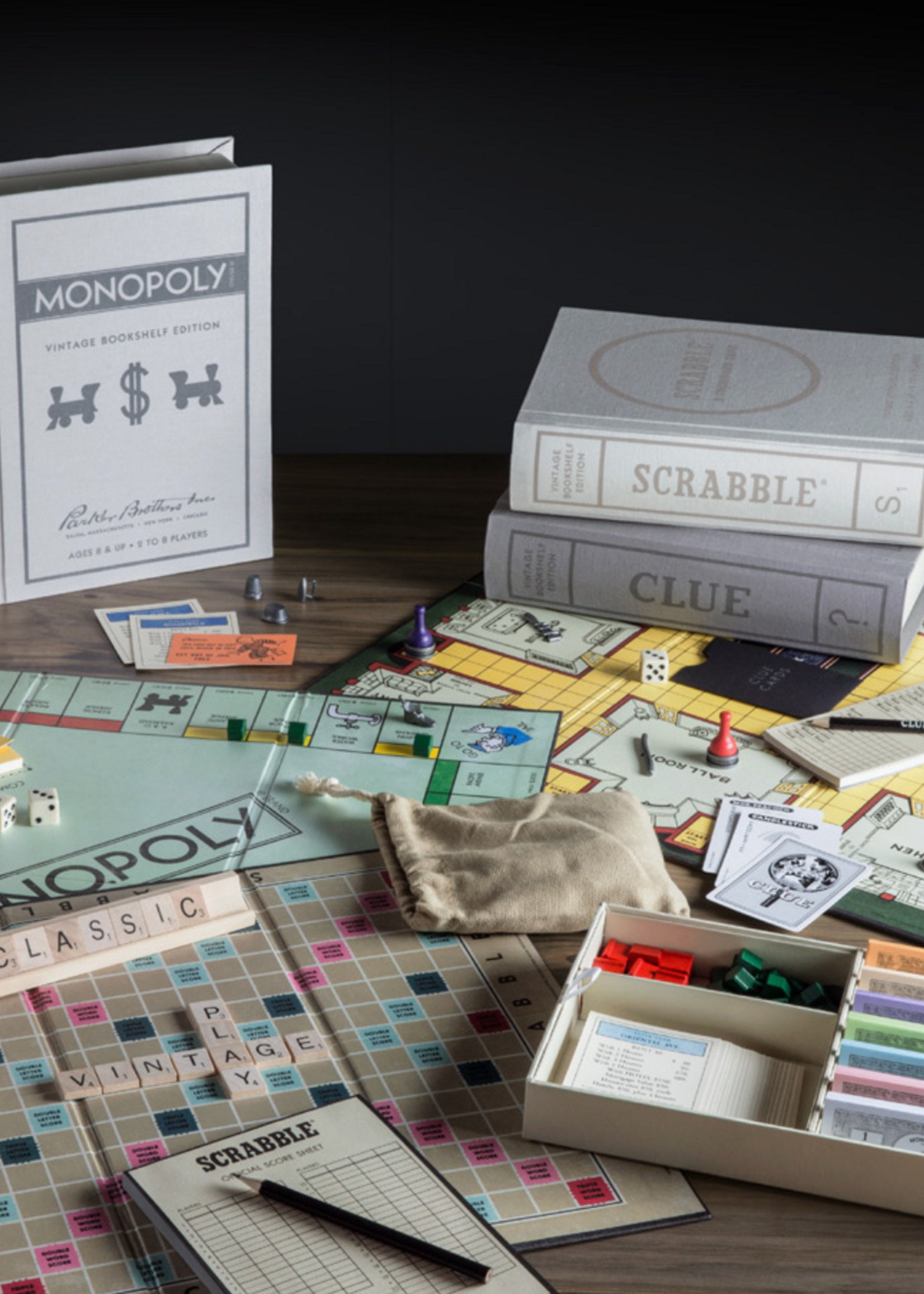 WS Game Company Scrabble, Monopoly, Clue Vintage Bookshelf Assortment