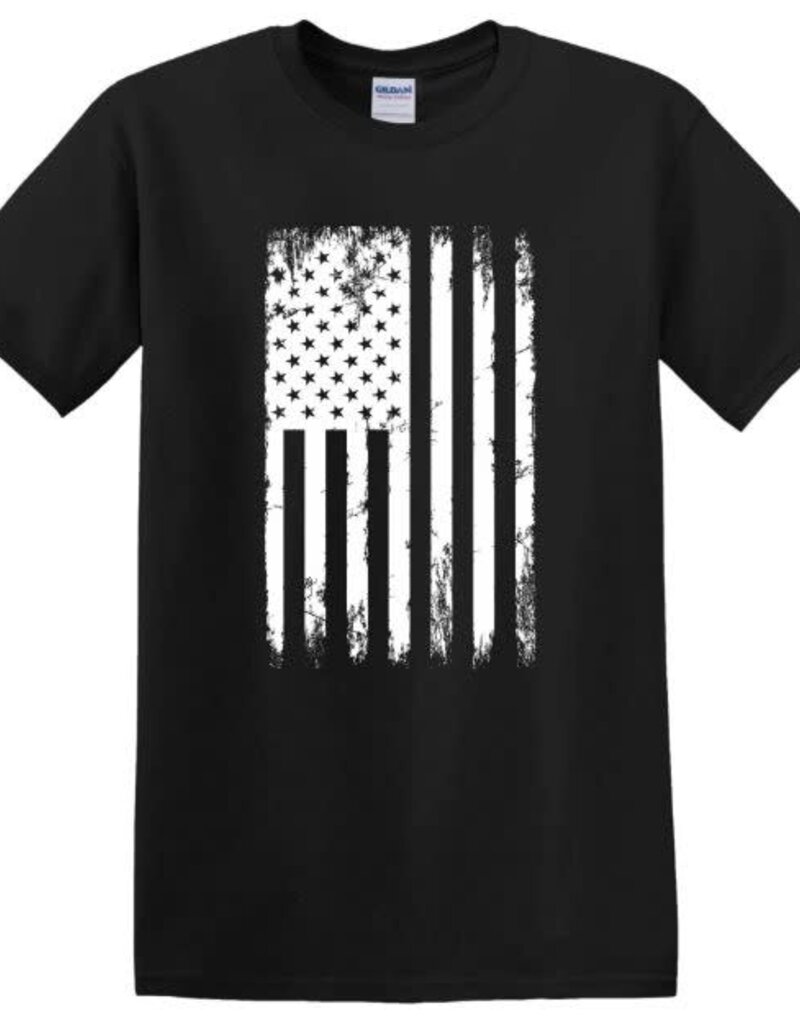 American Flag White Imprint Vertical Full Front Design on Black Shirt