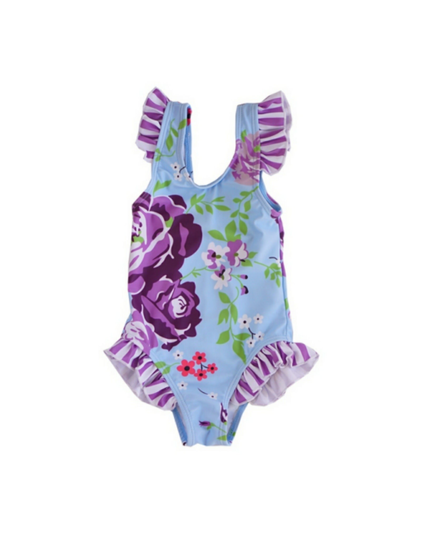 Blue floral girls ruffle swim suit
