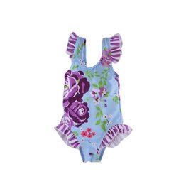 Blue floral girls ruffle swim suit