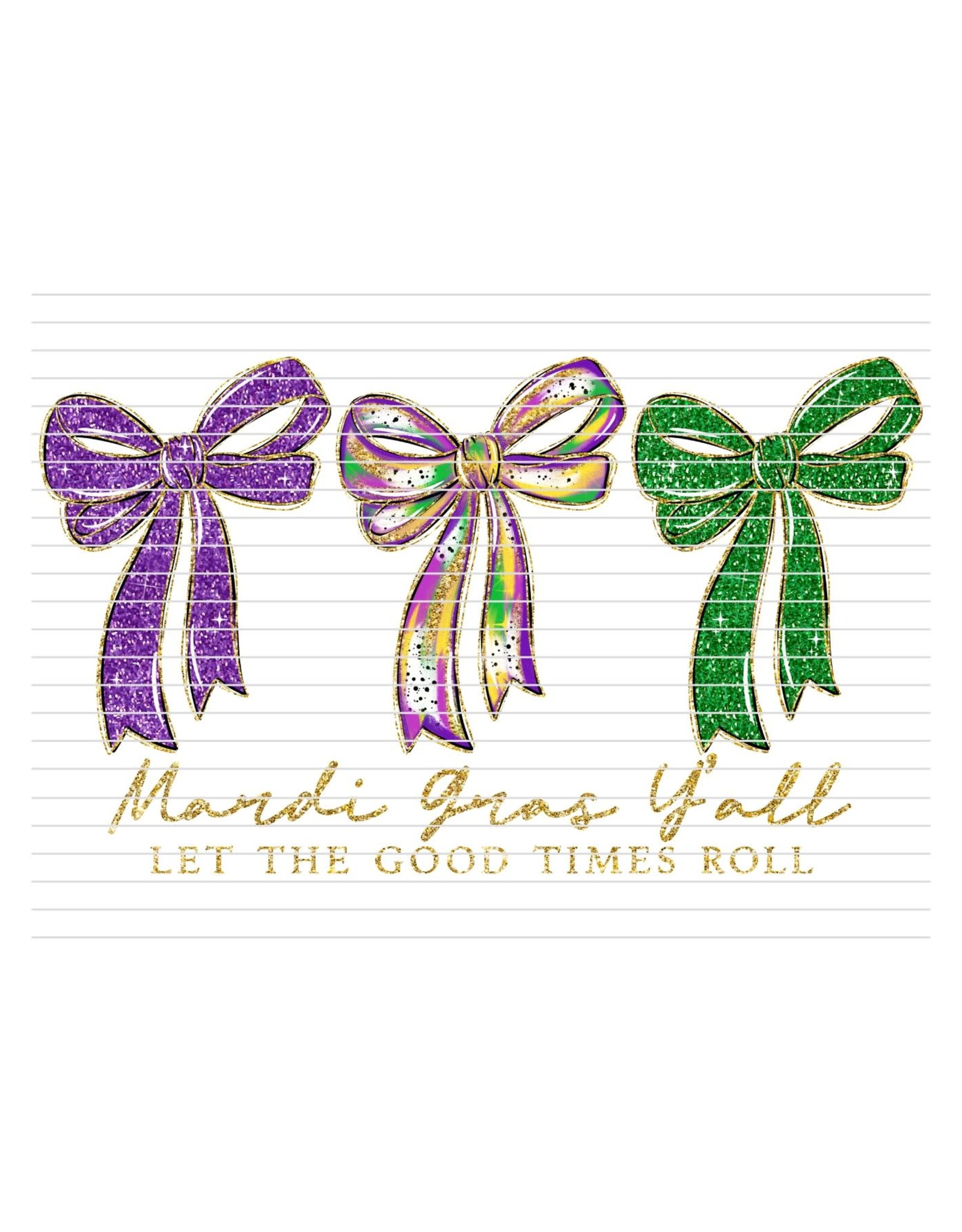 DTF Print-320* 12secs Cold Peel- Mardi Gras Coquette Bow Trio (Adult) Glitter Text