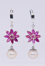 Ruby Flower and Drop Pearl Earrings