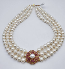 Triple Strand Ruby and Pearl Flower Necklace