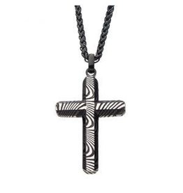 Stainless Steel and Black Damascus Cross Pendant