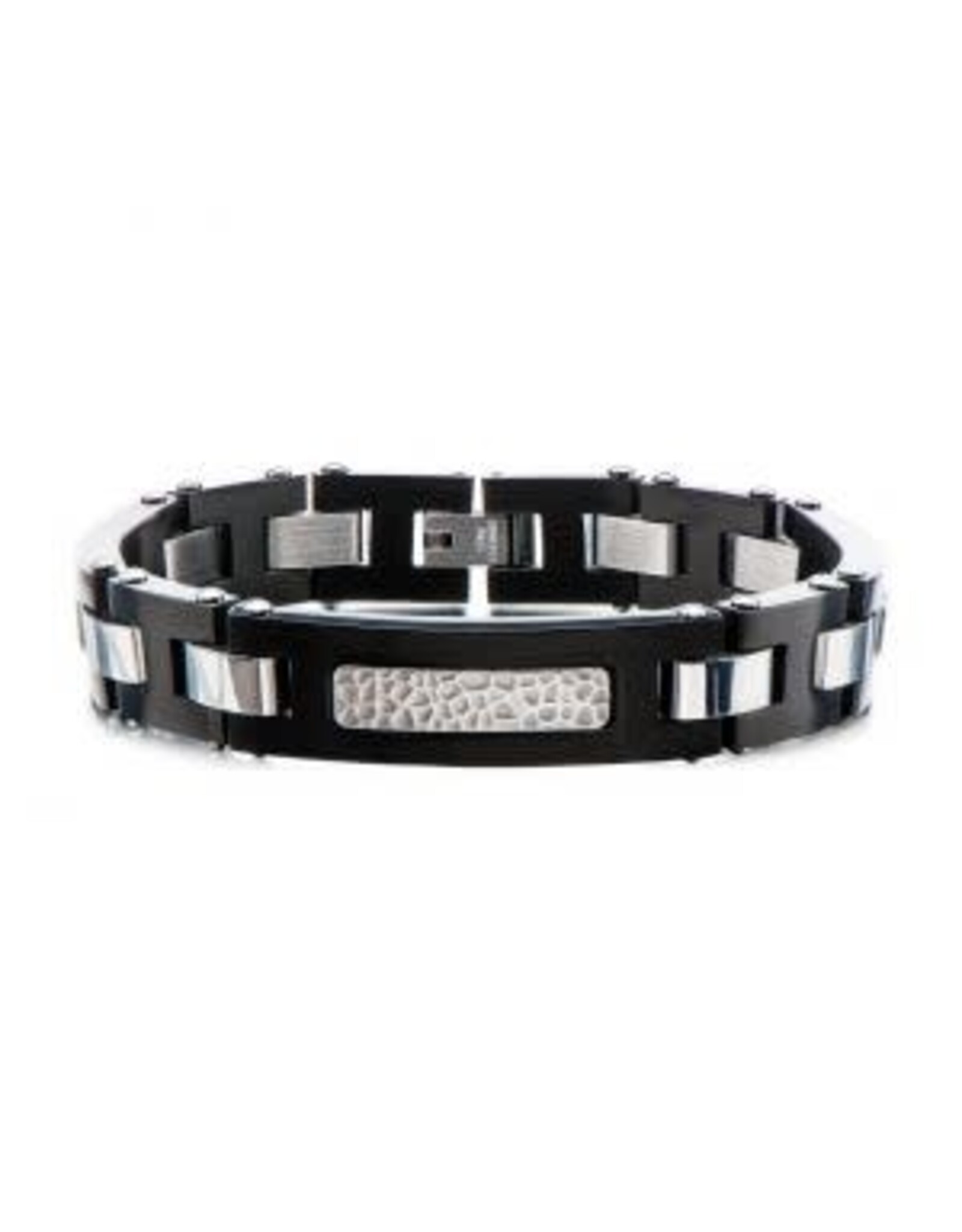 Black and Stainless Steel Link Bracelet with Hammered Bar