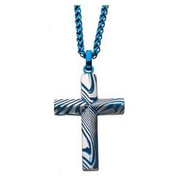 Blue Damascus Cross Pendant with Blue Chain