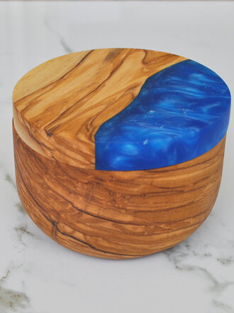 Olive Wood Salt Cellar with Blue Resin