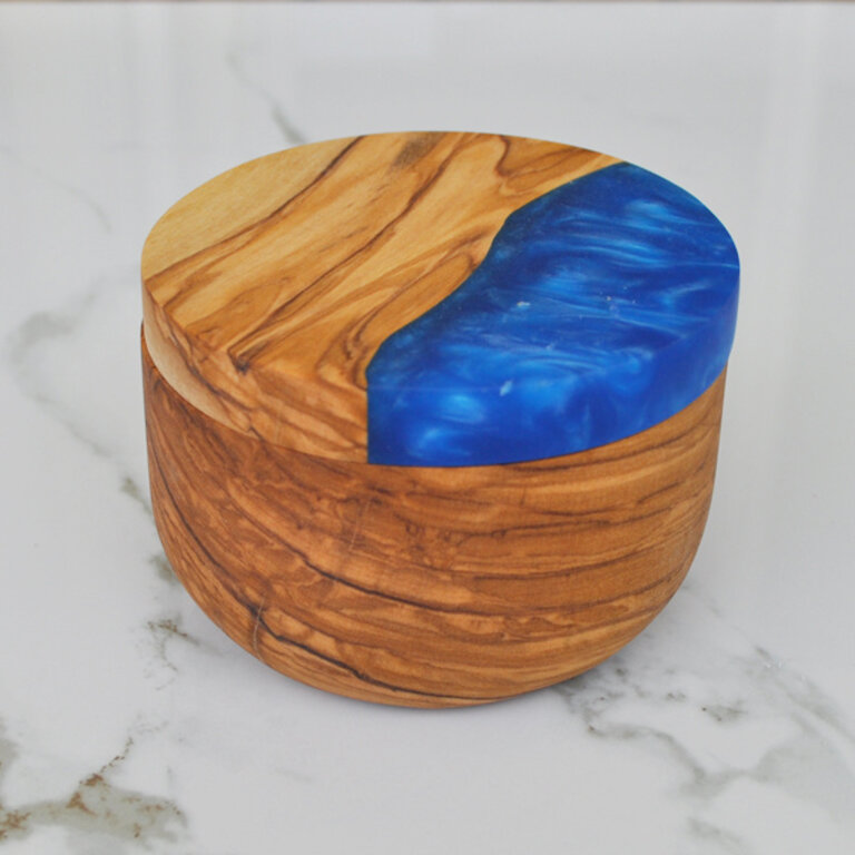 Olive Wood Salt Cellar with Blue Resin