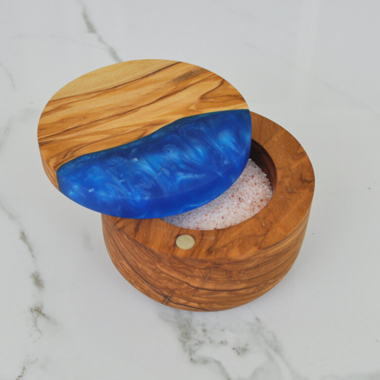 Olive Wood Salt Cellar with Blue Resin
