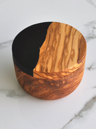 Naturally Med Olive Wood Salt Cellar with Black Resin Naturally Med Olive Wood Salt Cellar with Black Resin