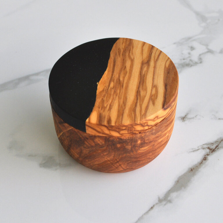 Naturally Med Olive Wood Salt Cellar with Black Resin