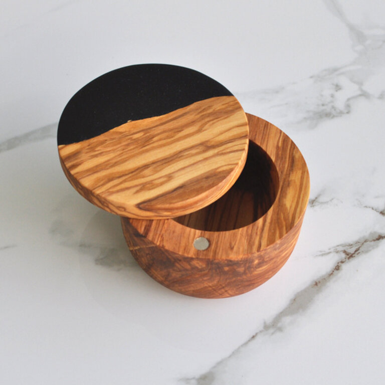 Naturally Med Olive Wood Salt Cellar with Black Resin