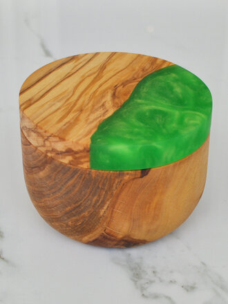 Naturally Med Olive Wood Salt Cellar with Green Resin Naturally Med Olive Wood Salt Cellar with Green Resin