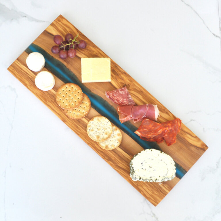 Naturally Med Olive Wood Rectangular Cutting Board with Blue Resin 15"x6"