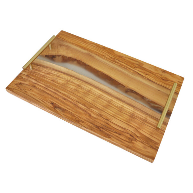 Naturally Med Olive Wood and Clear Resin Serving Tray with Handles