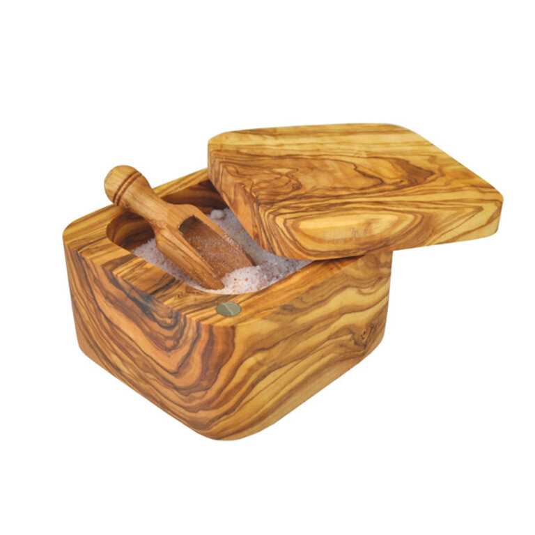 Naturally Med Olive Wood Salt Cellar-Square with Pivot Magnetic Lid