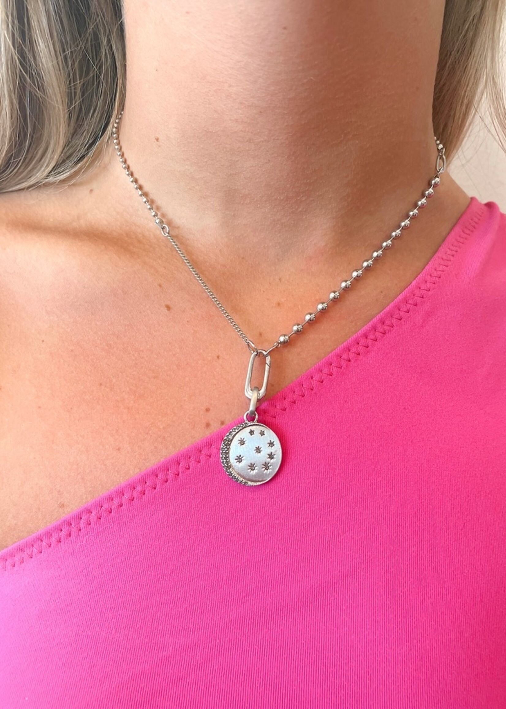 Silver Circle Charm with Pave Crescent & Stars Necklace
