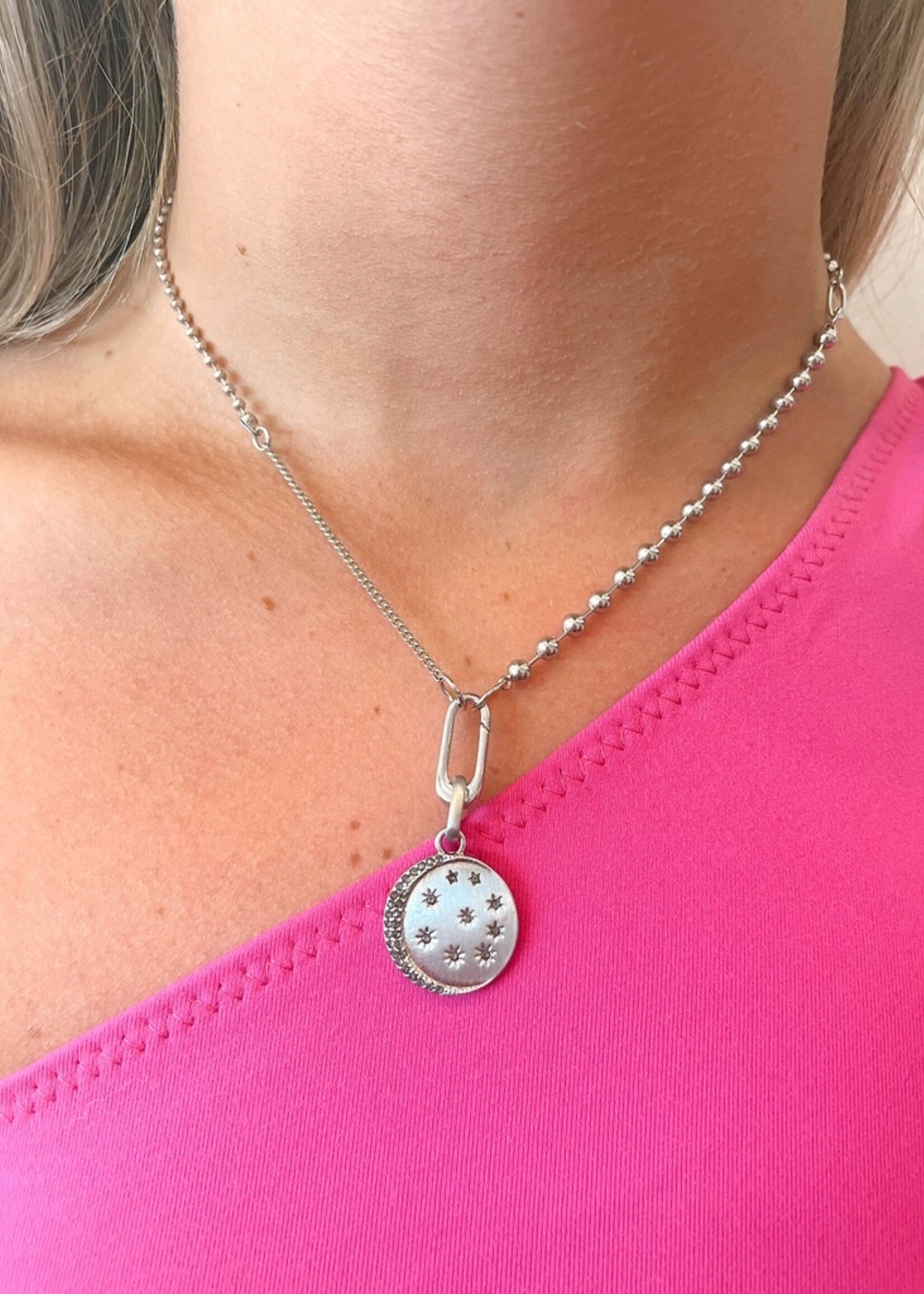 Silver Circle Charm with Pave Crescent & Stars Necklace