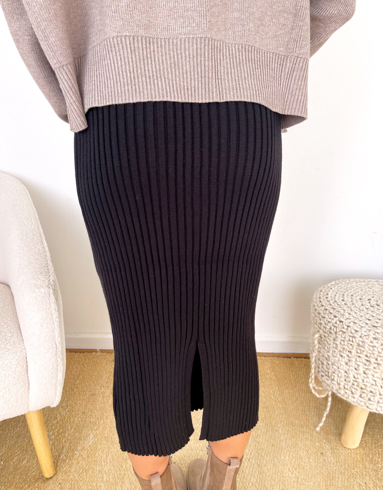 Kalina Fave Black Ribbed Knit Midi Sweater Skirt