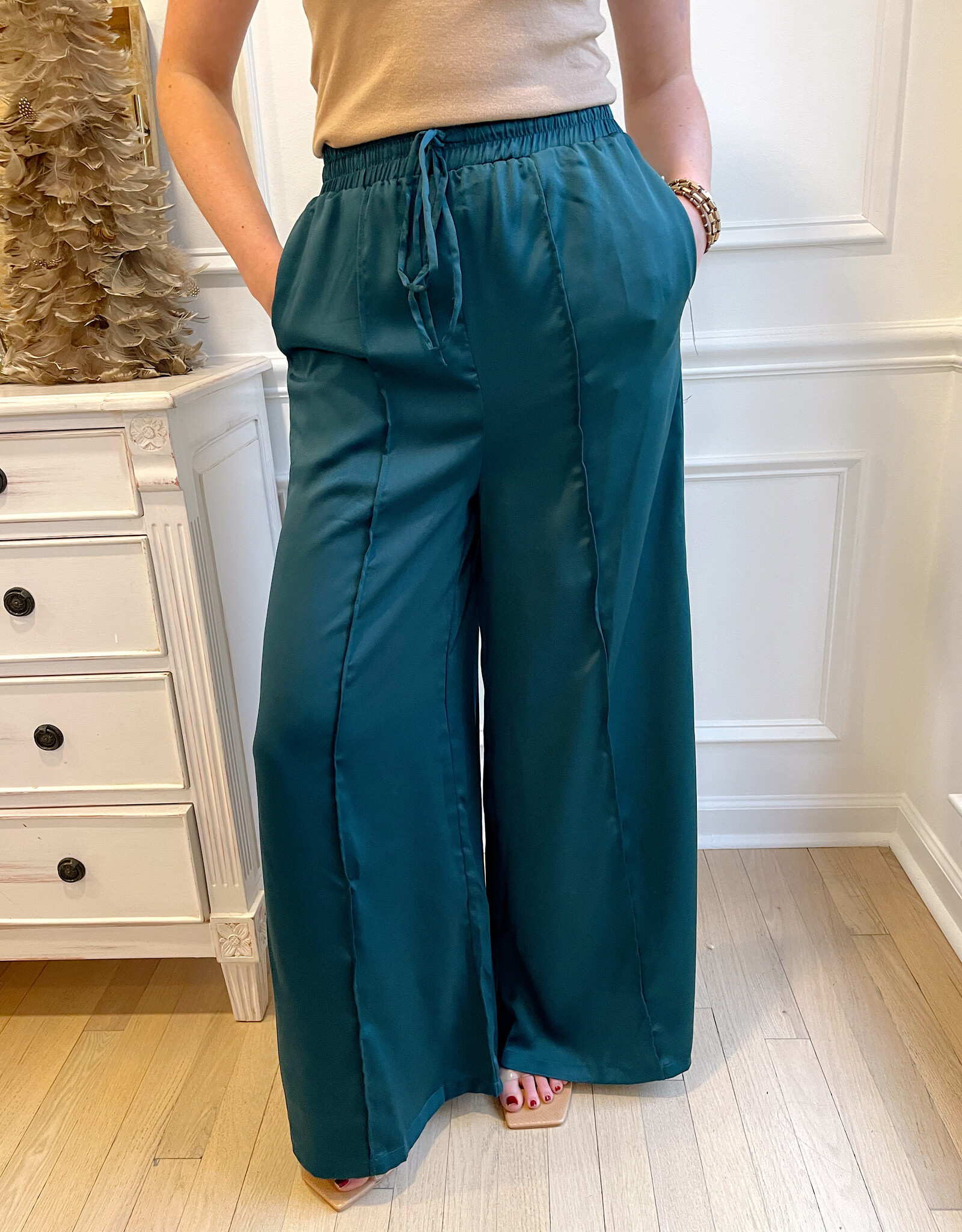 Hot Pink Silky Satin Elastic High Waist Wide Leg Pants with Pockets Wo –  KesleyBoutique