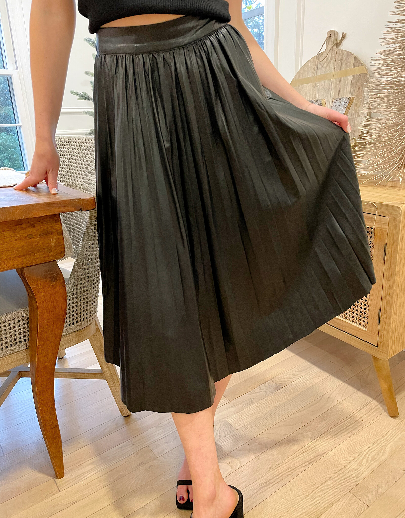 Aubrilla Faux Leather Pleated Midi Skirt