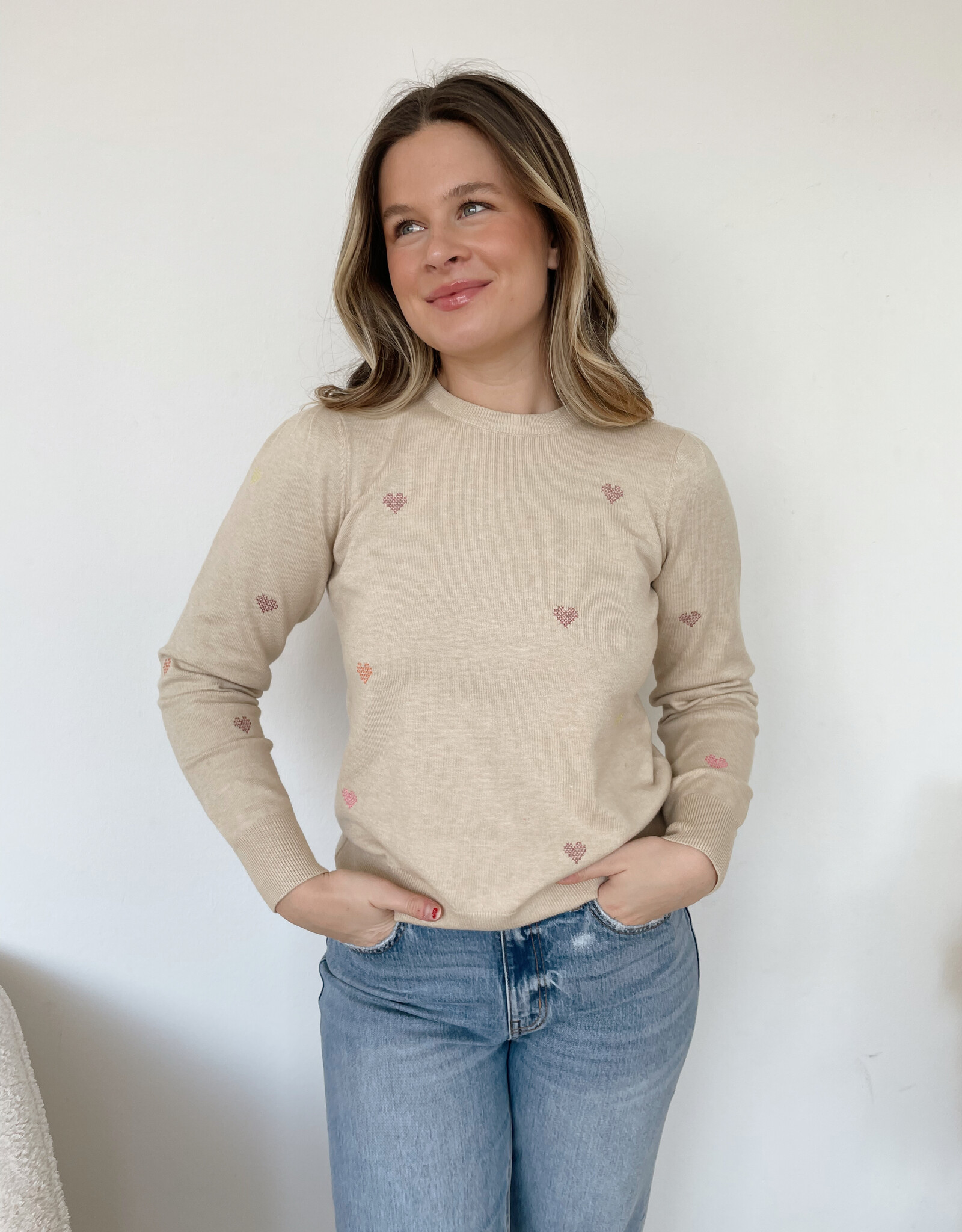 Andrea Heart Embroidered Round Neck Sweater