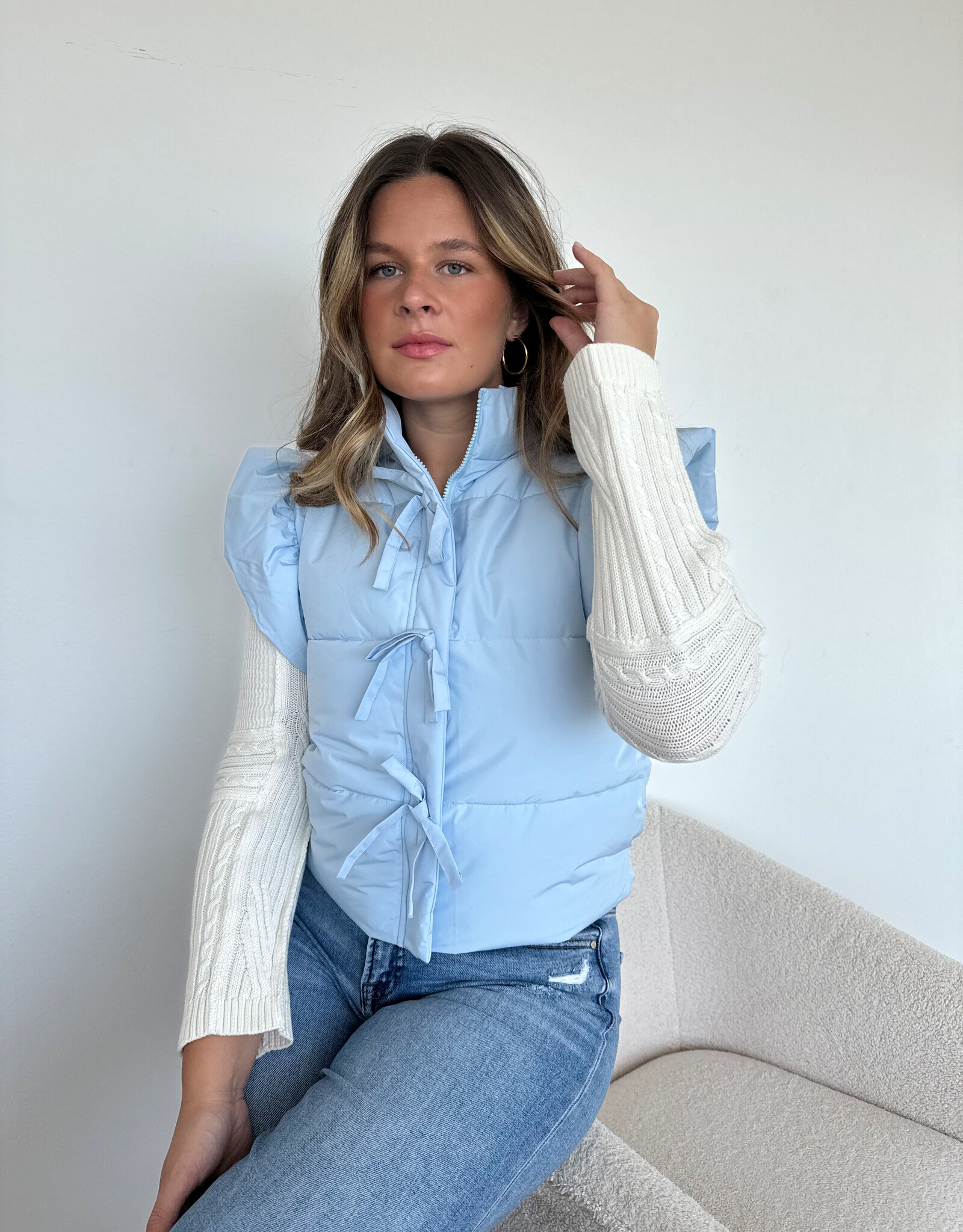 Denim Shirts To Wear With Puffer Vests Arco Ruffle Sleeve Puffer Vest  Women's Clothing The Pink Turtle